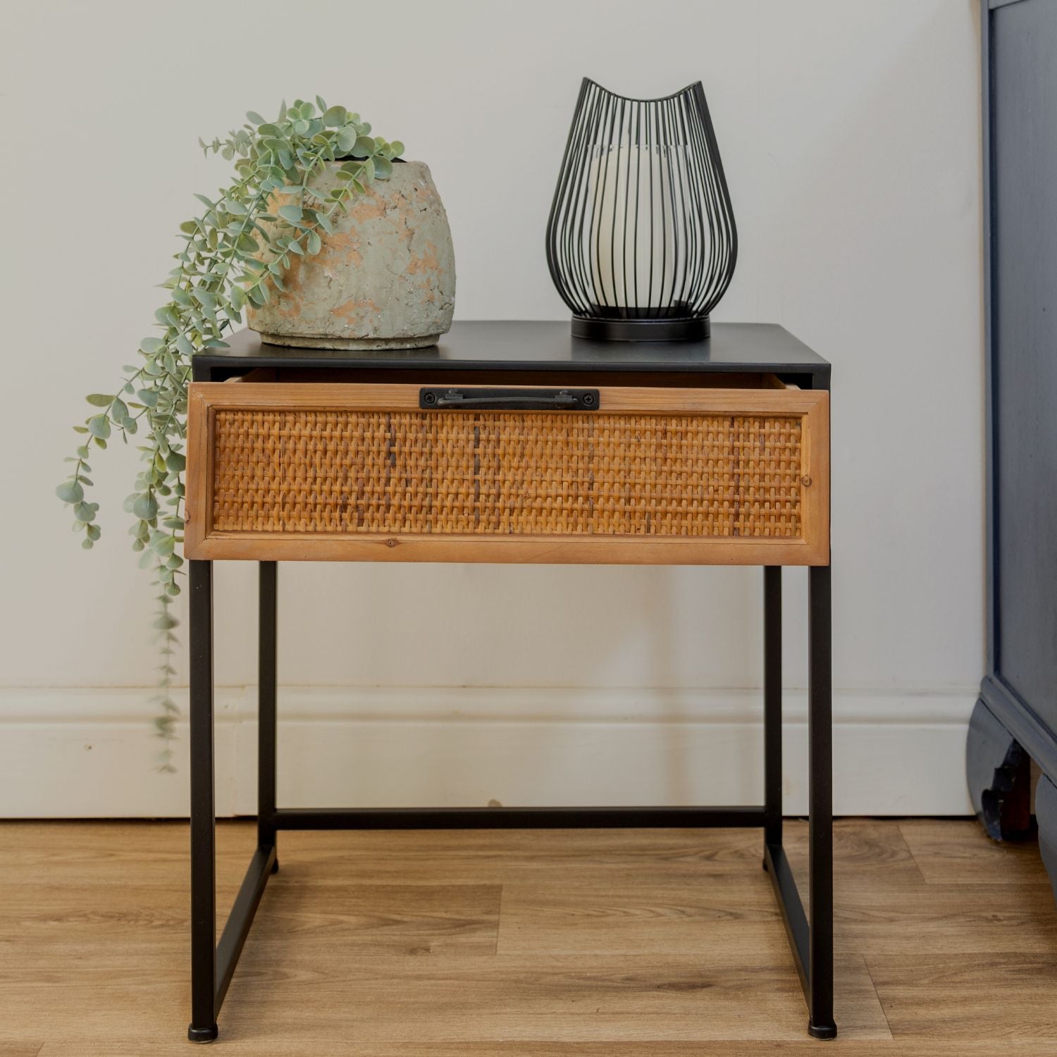 Black Metal and Rattan One Drawer Bedside Table